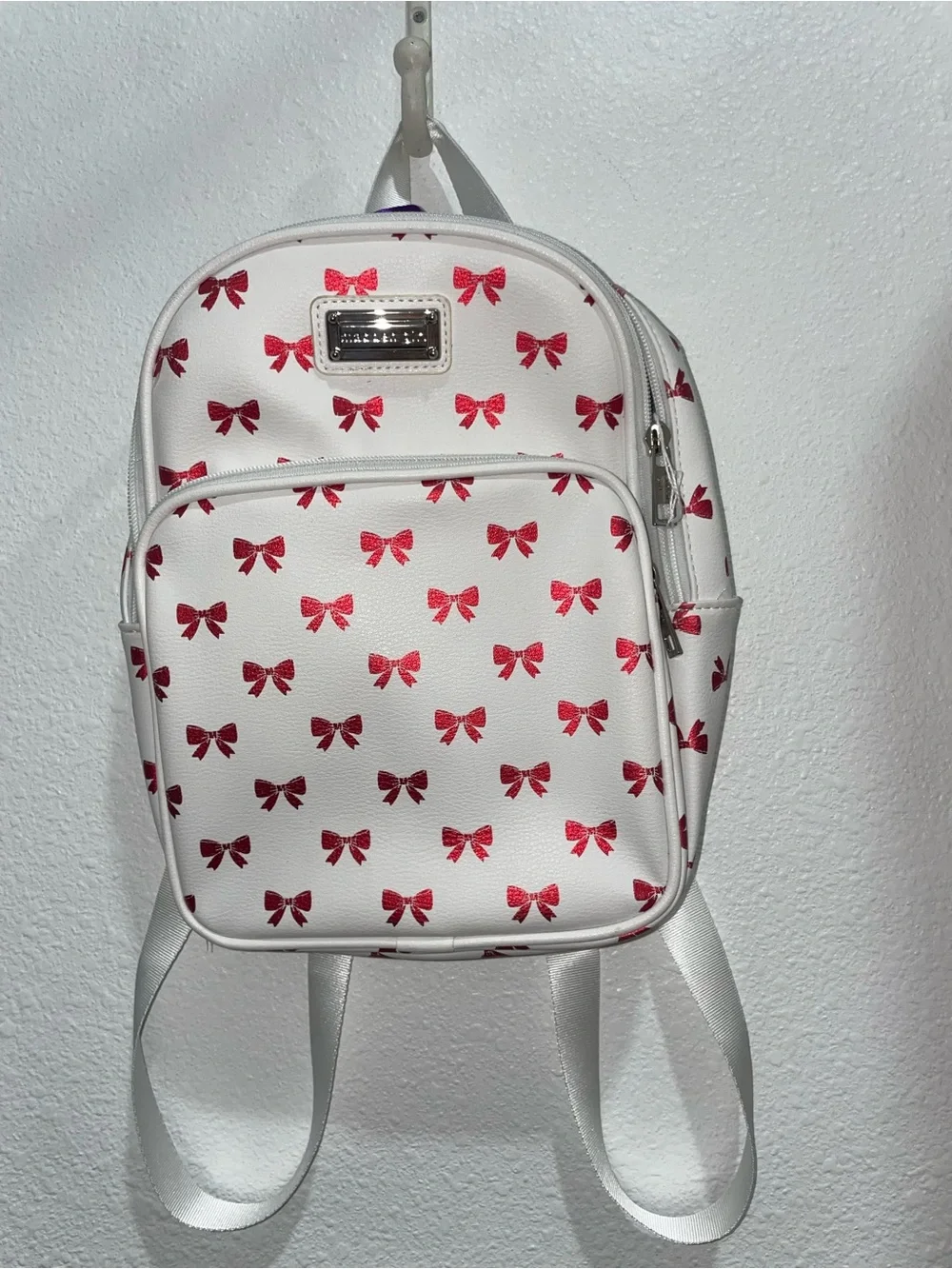 White Mini Backpack and wallet  with Red Bow Print